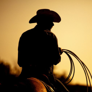 A sepia-toned photograph with the silhouette of a cowboy holding ropes